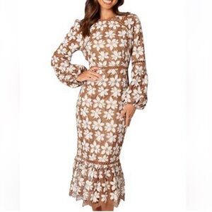 Petal & Pup Pierre Long Sleeve Mocha Brown Floral Midi Maxi Dress small